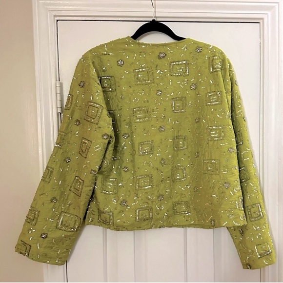 Chico's Silk Sequin Open Front Chartreuse Jacket - Picture 3 of 7